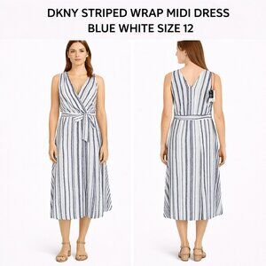 DKNY STRIPED WRAP MIDI DRESS BLUE WHITE SIZE 12